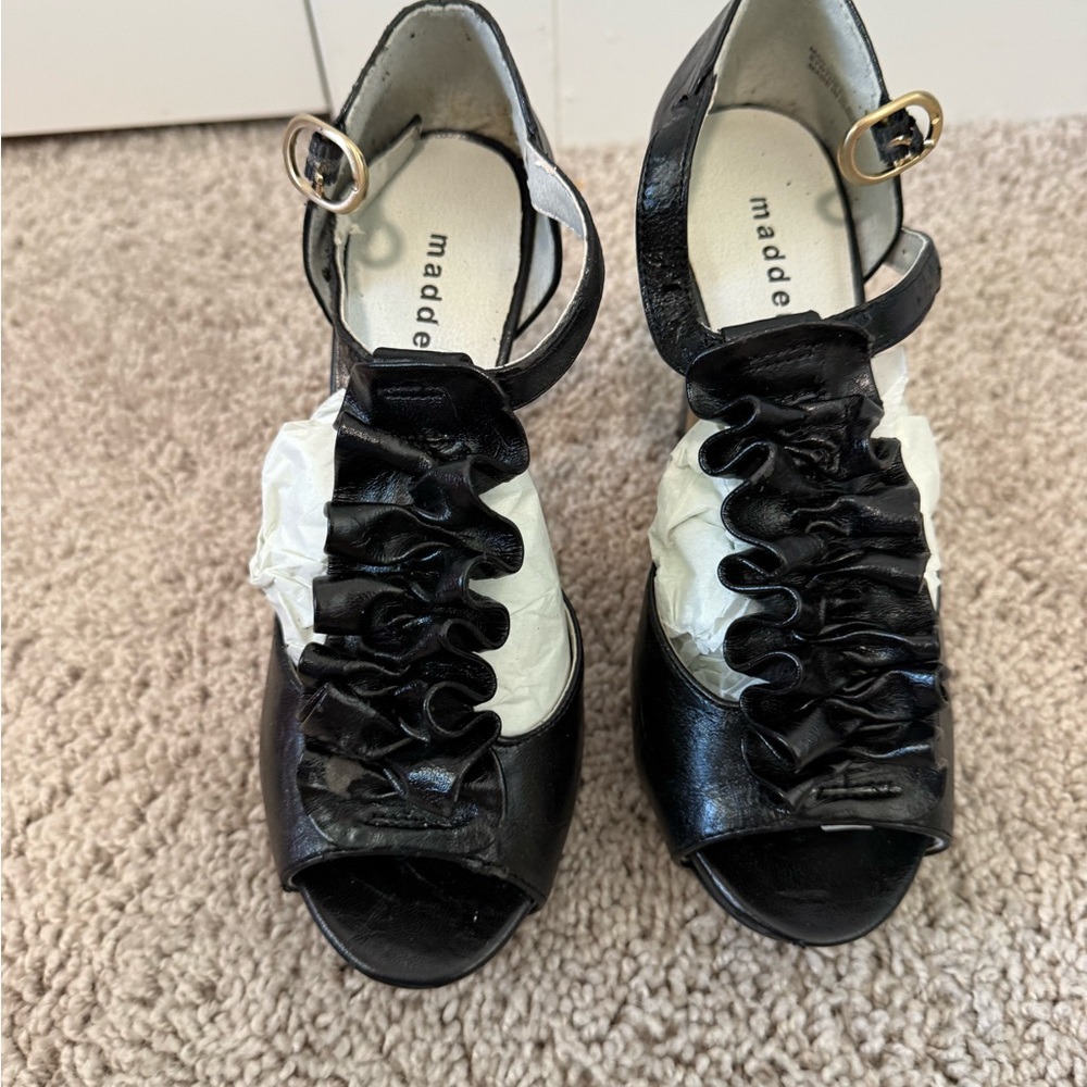 Madden Girl Black Ruffle Peep-Toe Ankle-Strap Heels